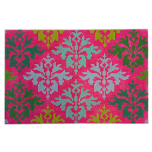 Wallpaper Damask Clutch   Blues & Greens on Raspberry Painted Canvas Kate Dickerson Needlepoint Collections  - 1