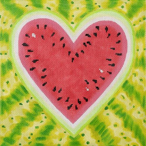Watermelon Heart Square Painted Canvas Kate Dickerson Needlepoint Collections  - 1