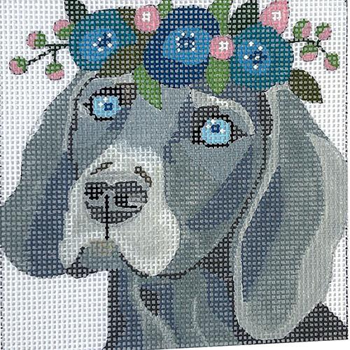 Weimaraner with Blue Floral Crown 4" Square Painted Canvas Melissa Prince Designs 