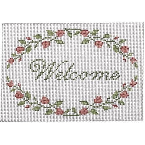 Welcome with Flower Buds Painted Canvas Susan Roberts Needlepoint Designs Inc. 