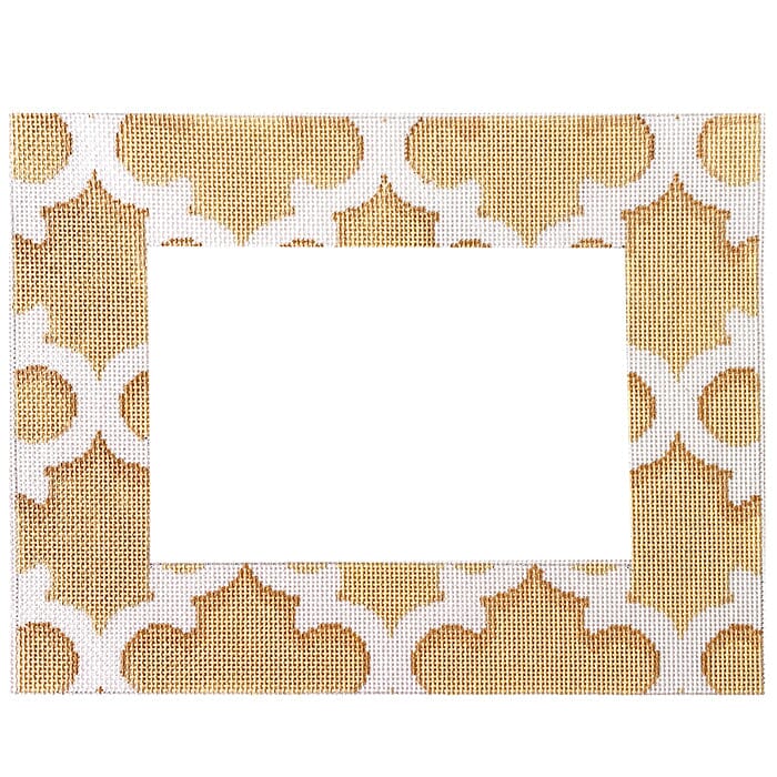 White and Cream Quatrefoil Frame Painted Canvas Associated Talents 