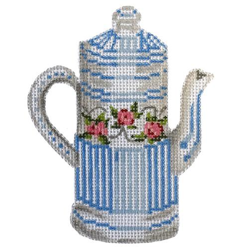 White & Blue Kettle Painted Canvas The Plum Stitchery 