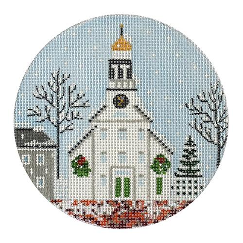 White Church & Steeple Painted Canvas The Plum Stitchery 