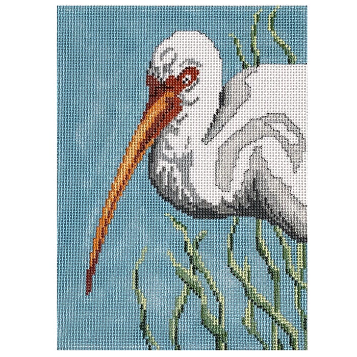 White Ibis on 18 Painted Canvas Needle Crossings 