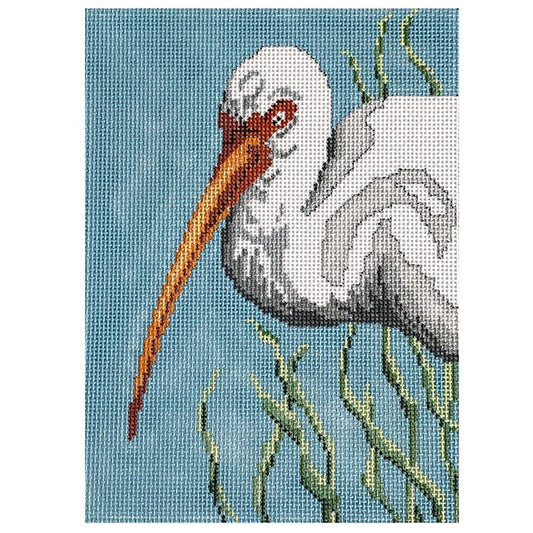 White Ibis on 18 Painted Canvas Needle Crossings 