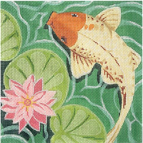 White Koi with Pink Flower Painted Canvas Labors of Love Needlepoint 