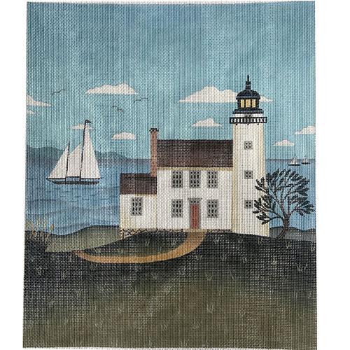 White Lighthouse with Schooner Painted Canvas Painted Pony Designs  - 1