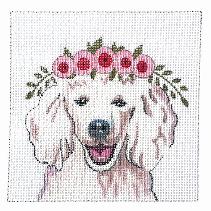 White Poodle with Floral Crown Painted Canvas Colors of Praise  - 1