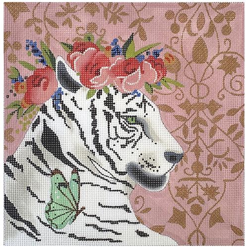 White Tiger with Floral Crown Painted Canvas Colors of Praise 