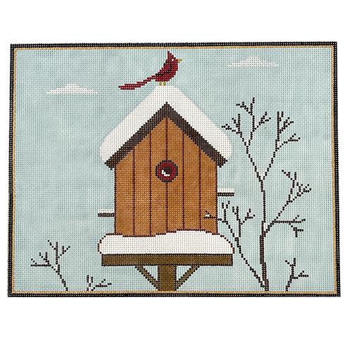 Winter Birdhouse with Cardinal Painted Canvas Cooper Oaks Design 
