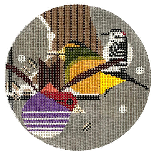 Winter Downy Grosbeak Ornament Painted Canvas Charley Harper 
