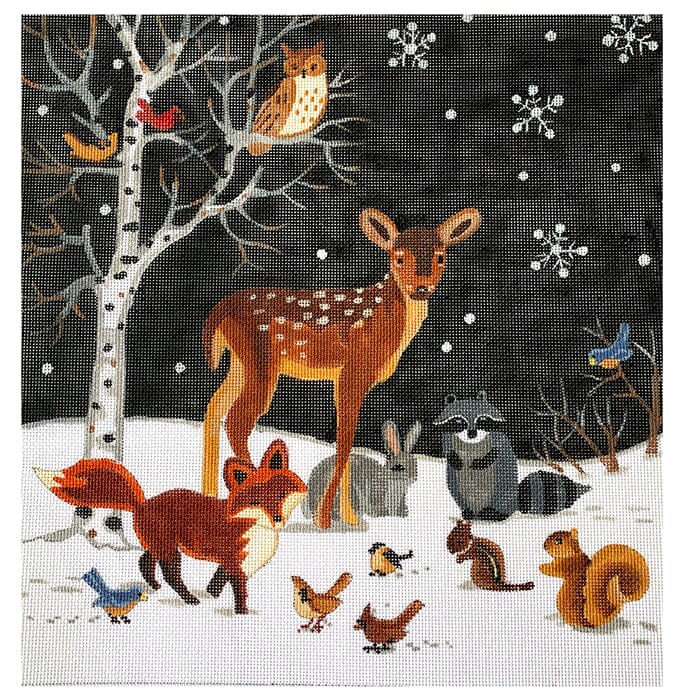 Winter Forest Friends, Night 12 x 12 Painted Canvas Susan Roberts Needlepoint Designs Inc. 