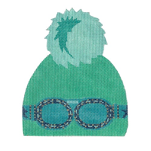 Winter Hat - Green with Ski Goggles Painted Canvas All About Stitching/The Collection Design 