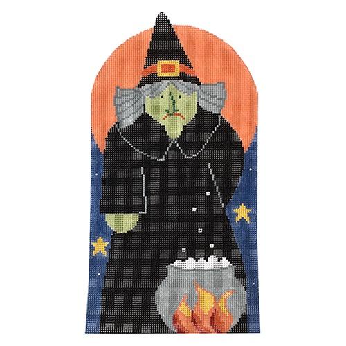 Witch with Jack o Lantern Button w/ Stitch Guide Painted Canvas Kathy Schenkel Designs  - 1