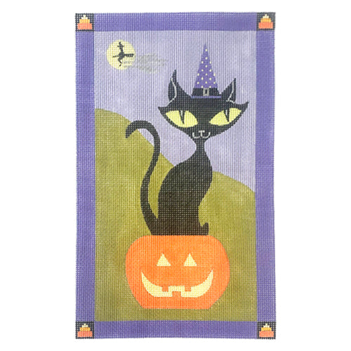 Witchy Kitty on Pumpkin Painted Canvas Eye Candy Needleart  - 1