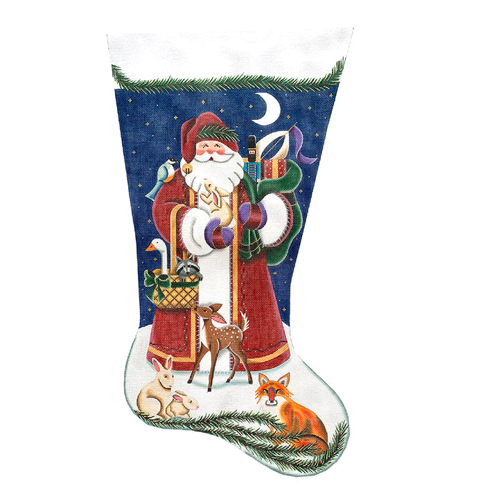 Woodland Santa Stocking TTR Painted Canvas Rebecca Wood Designs  - 1