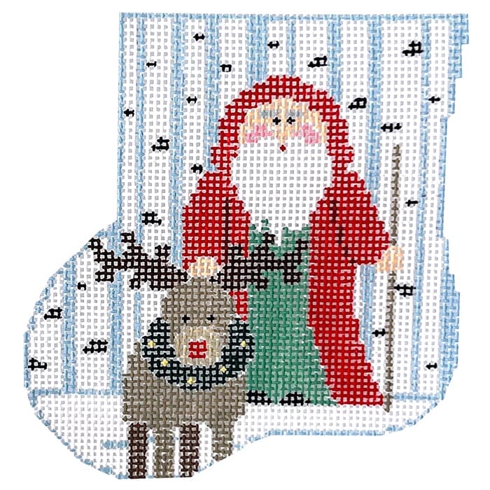 Woodland Santa with Reindeer Insert Mini Stocking Painted Canvas Kathy Schenkel Designs  - 1