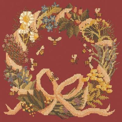 Wreath of Herbs Needlepoint Kit Kits Elizabeth Bradley Design Dark Red 
