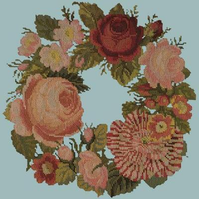Wreath of Roses Needlepoint Kit Kits Elizabeth Bradley Design Pale Blue 
