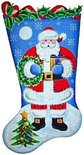 Wreath Santa Stocking Painted Canvas Rebecca Wood Designs  - 1