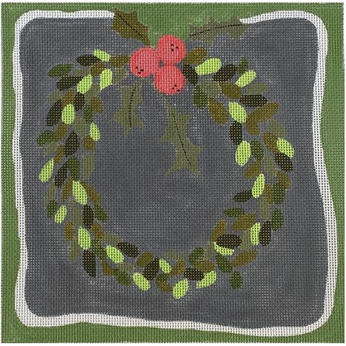 Wreath with Holly Pillow Painted Canvas ditto! Needle Point Works 