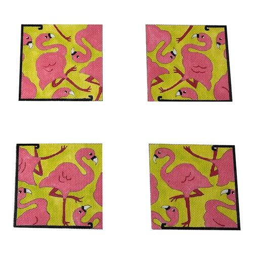 Yard Art (Pink Flamingos) Coasters Painted Canvas The Meredith Collection  - 1
