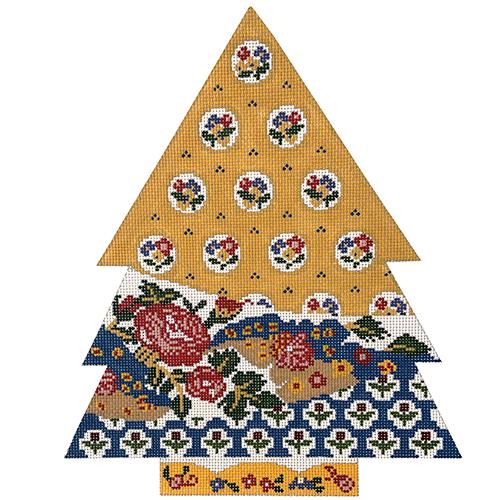 Yellow & Blue Floral Patchwork Tree Painted Canvas Cooper Oaks Design  - 1