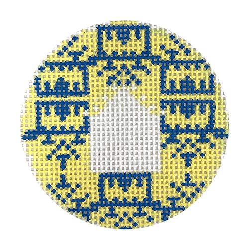 Yellow & Blue Pagoda Print Insert Painted Canvas Anne Fisher Needlepoint LLC  - 1