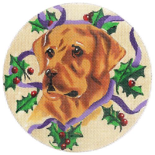 Yellow Lab with Holly Ornament Painted Canvas The Meredith Collection 