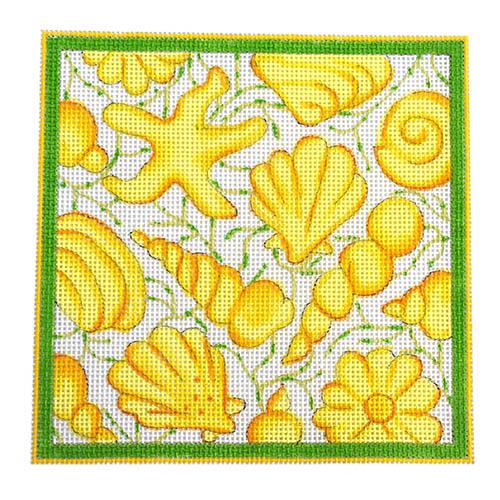 Yellow Seashells on Green Square Painted Canvas Kate Dickerson Needlepoint Collections  - 1