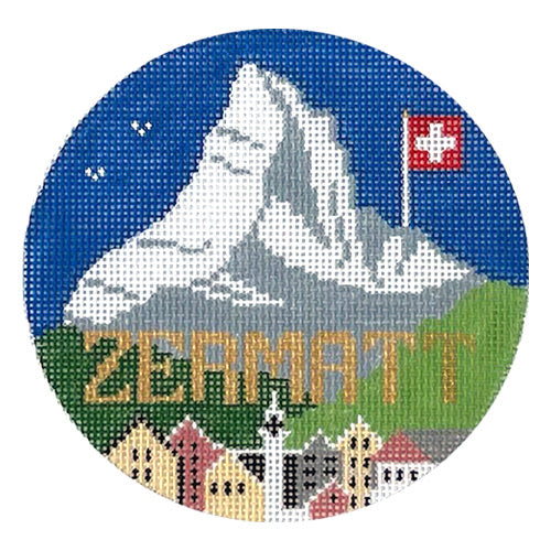 Zermatt, Switzerland Round Painted Canvas Doolittle Stitchery  - 1