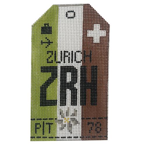 Zurich ZRH Vintage Travel Tag Painted Canvas Hedgehog Needlepoint 